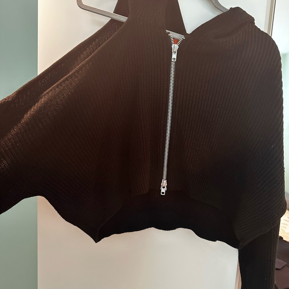 Cold Shoulder Black Knit ZipSweater with hood